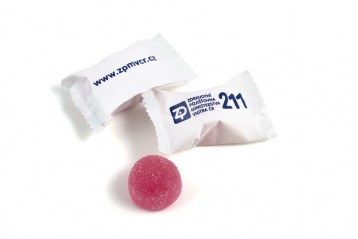 reklamní želé bonbony balené v bílé folii s potiskem
